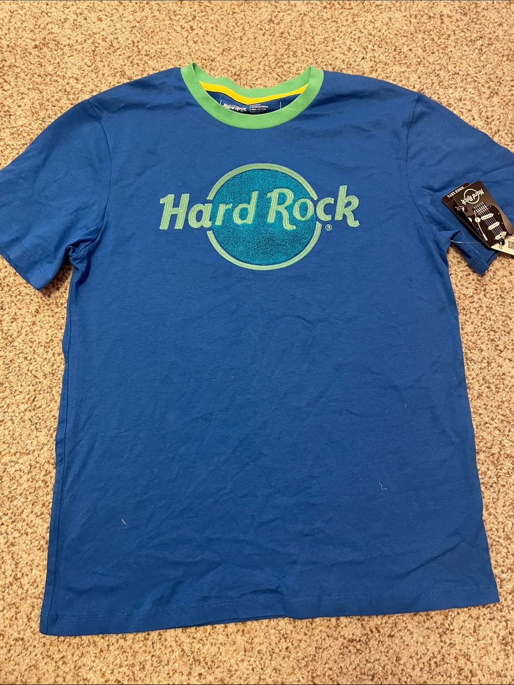 Hard Rock Cafe Blue Tee with Green Trim and Logo